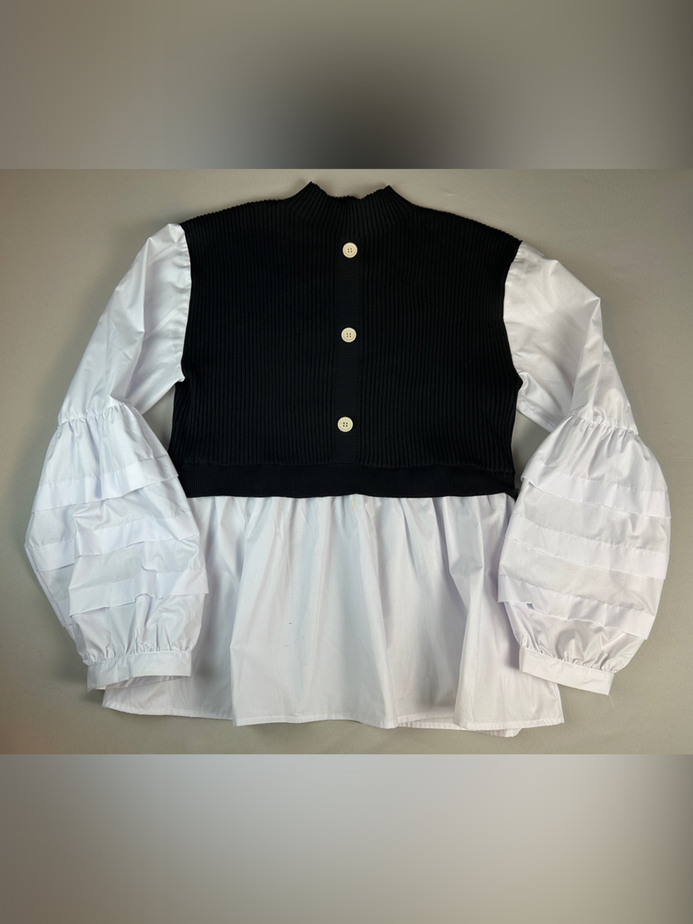 Layered Black Cardigan Sweater Overlay White Blouse Knit-Panel mock neck